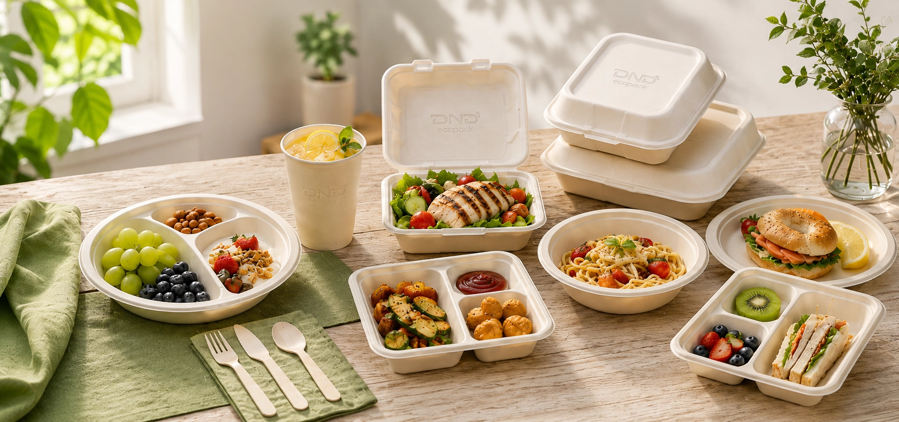 Bagasse packaging with fresh food, showing eco-friendly plates and bowls.